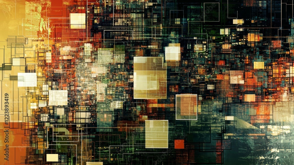 Poster geometric abstraction of digital networks with colorful patterns and shapes