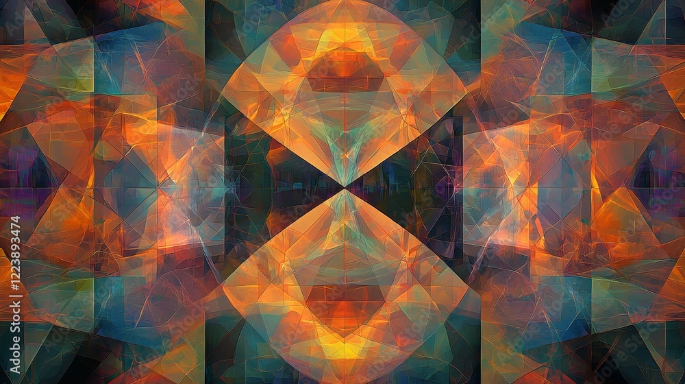 Poster geometric digital motifs with bright colors and abstract patterns for design use