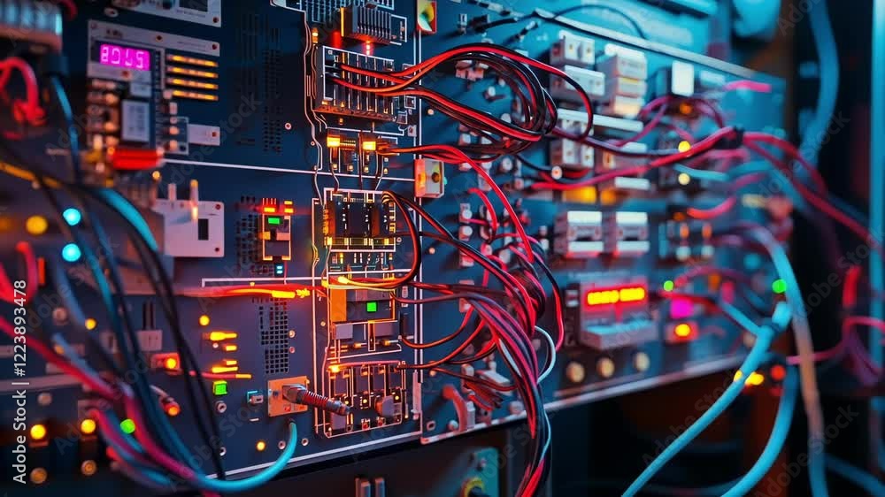 Poster close up view of a complex server rack circuit board featuring intricate electronic components, glow