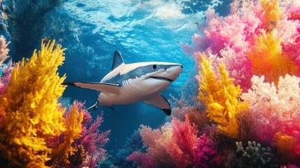 Fototapeta premium Great white shark swimming amidst vibrant coral reef.
