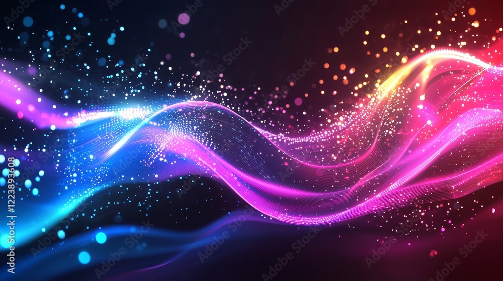 Poster high-tech abstract background with glowing waves and particles for digital designs