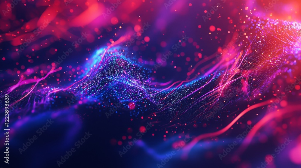 Poster vibrant high-tech abstract background with glowing particles and colorful waves