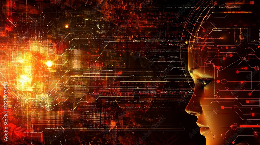 Poster futuristic cyber communication interface with digital elements and human profile