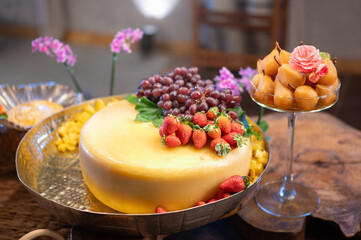 Casamento, buffet, decoração, elementos, prato, mesa, alimentos, decorado, festa, debutante