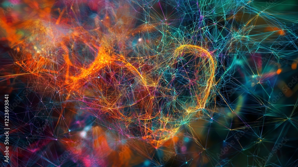 Poster intricate visualization of web of connections with vibrant colors and patterns