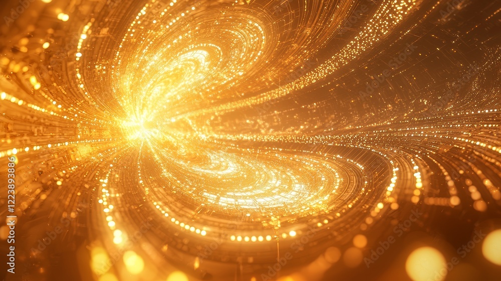 Poster luminous data network representation with golden swirls and bright light effects