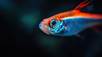 Close-up of a vibrant, small, orange and blue fish swimming in dark water.