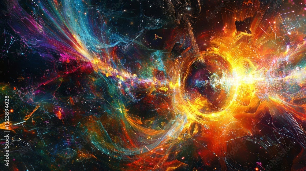 Poster modern interpretation of cyberspace with pulsating colors and dynamic energy flow