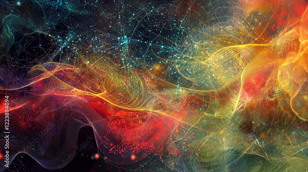 Poster pulsating circuits illustration with dynamic colors and patterns