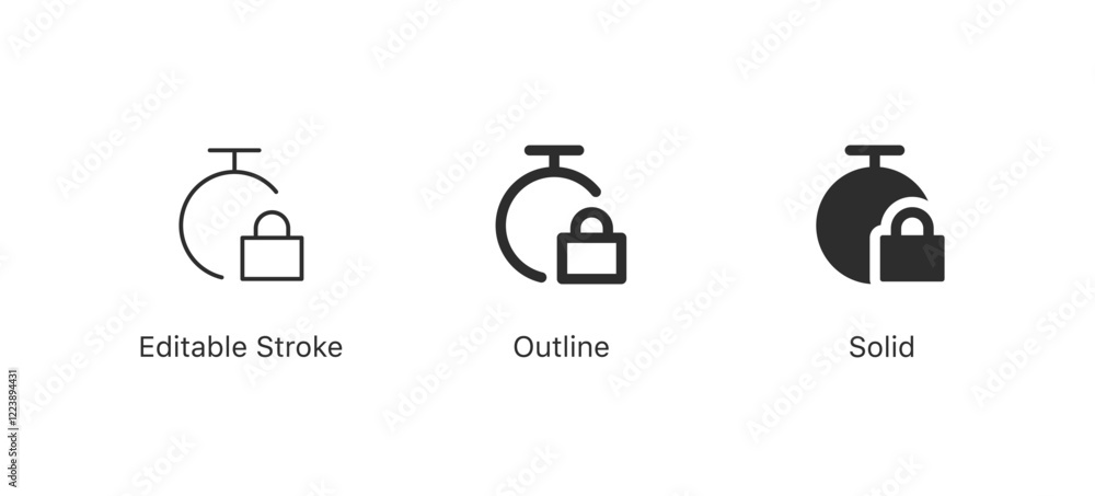 Poster timer locked icon or lock time icon symbol | stopwatch with padlock line icon in editable stroke, outline, solid style