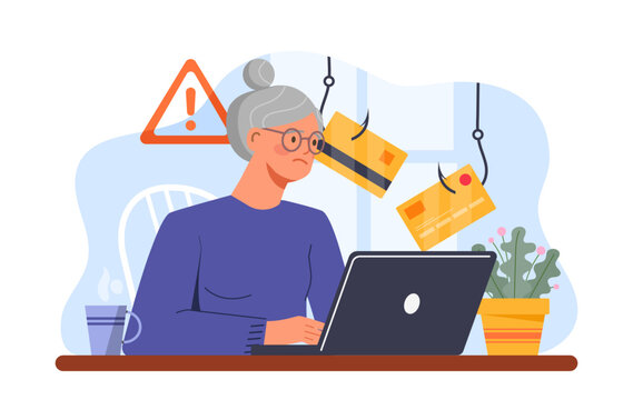 A senior woman using a laptop with a worried expression, phishing hooks grabbing credit cards in background, and warning sign. Concept of online fraud. Vector illustration