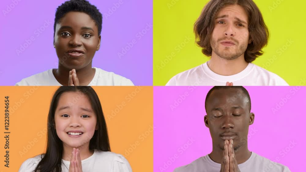 Poster A collection of four individuals from different backgrounds expressing emotions through hand gestures and facial expressions. Each person displays unique feelings against vibrant backgrounds.