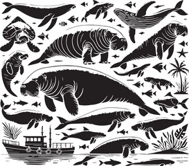 Black Color Dugong Silhouette Vector Illustration design, Solid White Background