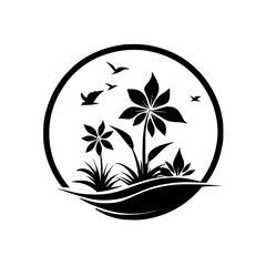 Elegant Black and White Floral Design with Birds: Nature-Inspired Botanical Artwork