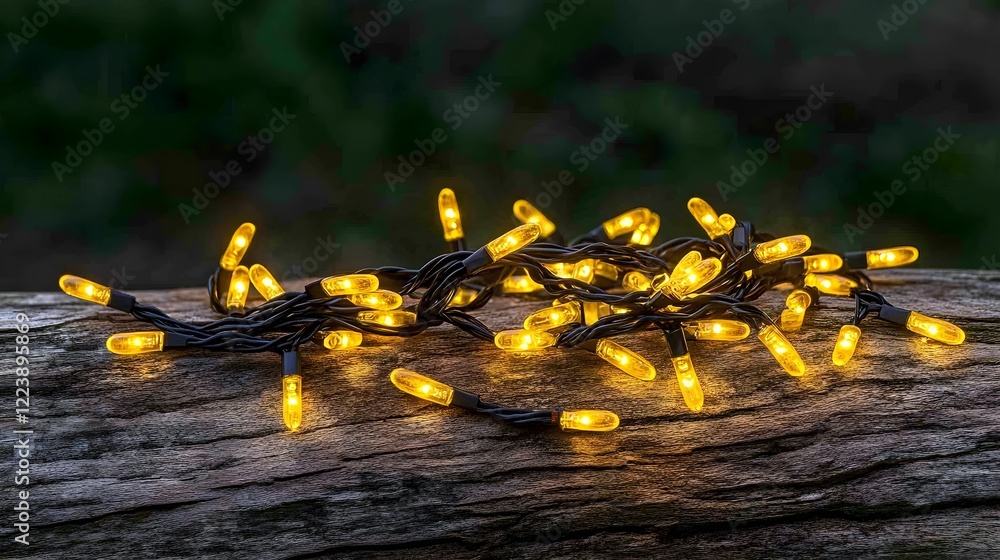 Poster warm yellow string lights on rustic log against dark background