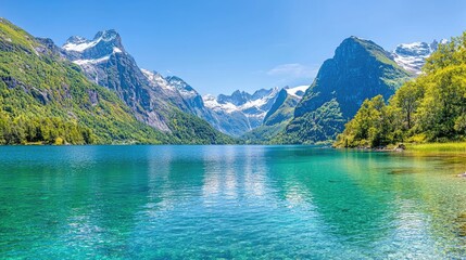 Obraz premium Scenic fjord view, tranquil lake reflecting mountains, summer
