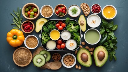 A vibrant arrangement of fresh vegetables, fruits, and condiments in bowls, showcasing a colorful and healthy meal preparation.