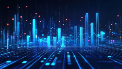 Digital cityscape of glowing bar graphs and data streams