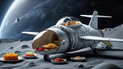 A futuristic food spaceship on the moon, featuring various dishes served on plates, blending culinary delights with space exploration.