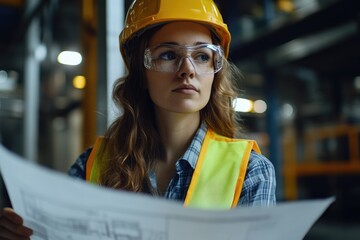A woman wearing a hard hat and safety goggles examines architectural plans on a construction site. Her serious expression reflects focus and determination amid the bustling environment