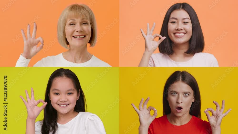 Poster four individuals from different backgrounds share joyful expressions and gestures of positivity. eac