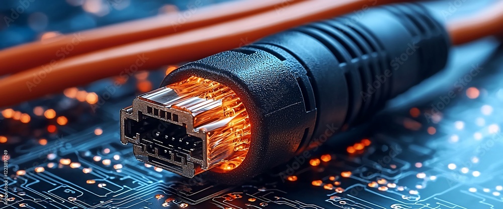 Poster close-up of network cable connector on circuit board.