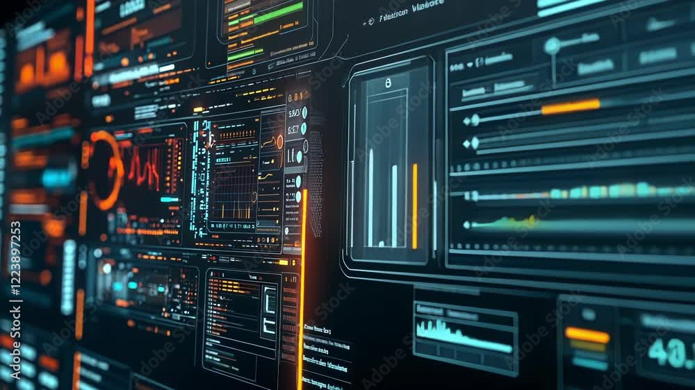 Poster futuristic control panel displaying various manufacturing data analysis, including charts, graphs, a