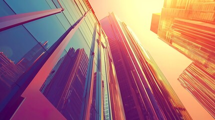 Low angle view of skyscrapers at sunset, reflecting sunlight.