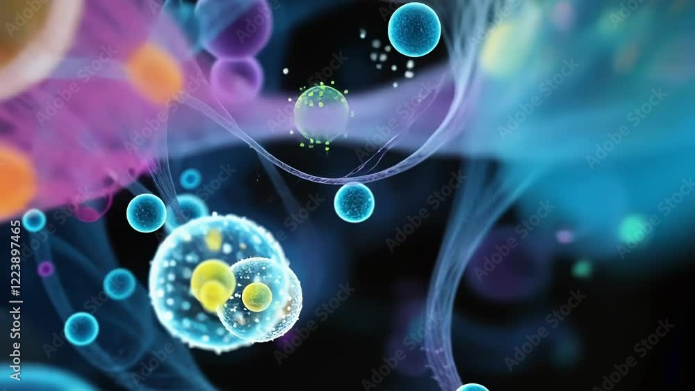 Poster microscopic view revealing colorful cells and viruses interacting within a complex mesh network, ill
