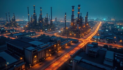 Obraz premium Industrial plant at night. Huge factory complex with many buildings. Bright lights illuminate area. Vehicles move on roads. Modern tech, automation present. Optimized production, maintenance.