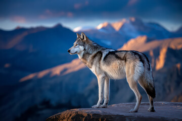 Majestic wolf silhouetted against a vibrant sunset mountain backdrop.