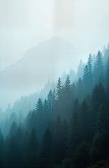 Naklejka premium Misty mountain landscape with dense forest. Foggy morning view. Trees stand on hills. Peaceful scenery. Great nature background. Ideal for travel, tour, and tourism posters or cards.