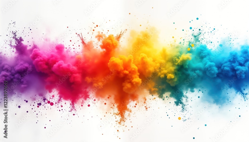 Poster colorful rainbow holi paint color powder explosion bursts isolated on white background. vibrant colo
