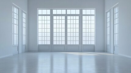 Obraz premium Bright, minimalist room with large windows. Ideal for showcasing products or creating serene backgrounds.