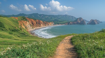 Coastal Path Winding Through Grassy Hills Towards Ocean Bay