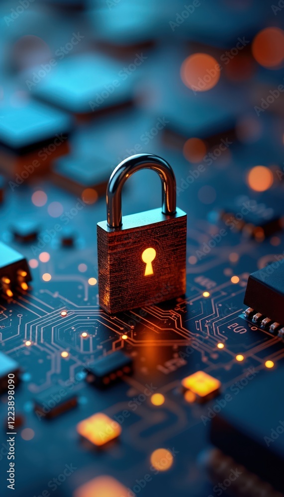 Poster Secure tech system. Advanced circuit board with illuminated components. Padlock symbolizes cyber security. Modern tech industry concept. High tech equipment. Creative design for secure tech solutions.