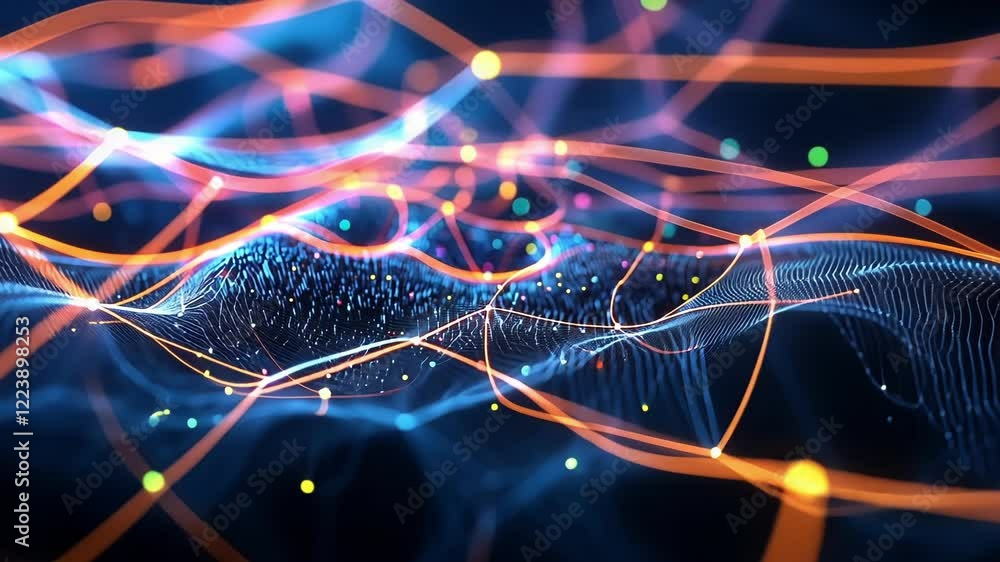 Poster complex network of glowing dots and lines forming a dynamic wavy surface, symbolizing digital connec
