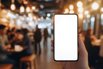 Hand holds a smartphone with a blank screen in a busy dimly lit restaurant