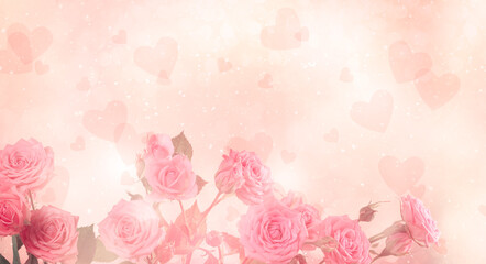 Valentine's Day dreamy card with roses bouquet on abstract pink background with heart shape bokeh and copy space, holiday wide banner with empty place.