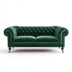 Fototapeta premium Elegant dark green velvet tufted sofa with wooden legs.