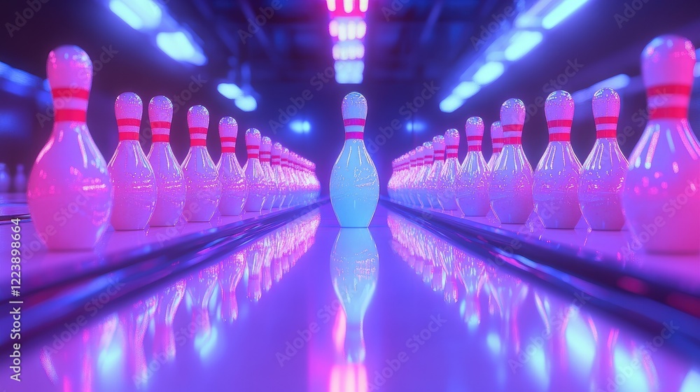 Wall mural close-up of bowling pins being arranged in a perfect triangular formation at the end of a glossy lan