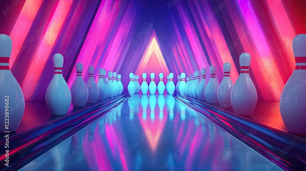 Wall mural close-up of bowling pins being arranged in a perfect triangular formation at the end of a glossy lan