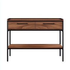 Mid-century modern console table with two drawers and a lower shelf.