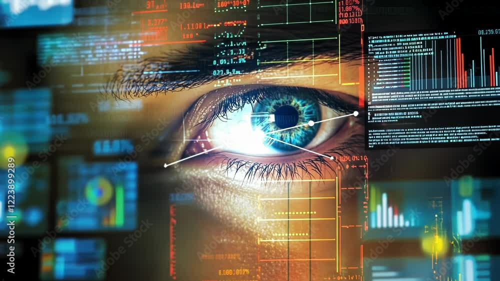 Aufkleber close up of a programmer's eye analyzing lines of code displayed on a futuristic digital interface, 