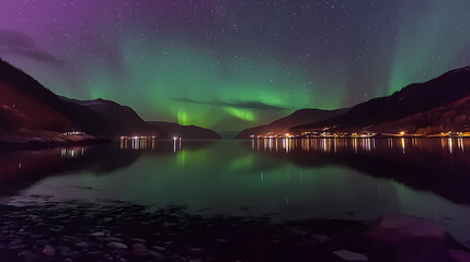 Experience the breathtaking dance of vibrant auroras above tranquil fjord waters in high fidelity. Celestial Fjord. Illustration