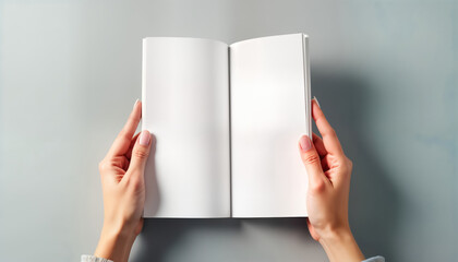 Female hands hold blank magazine. Top view of open magazine on gray background. Blank pages present design template. Hands holding gently. Modern concept for mockup. Versatile image for business,