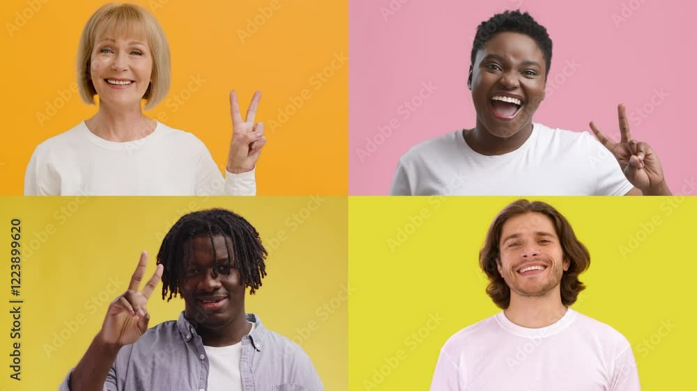 Poster A collection of four individuals displaying peace signs with joyful expressions. Each person represents a different background and is set against colorful backgrounds.