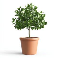 Small potted tree with vibrant green leaves.