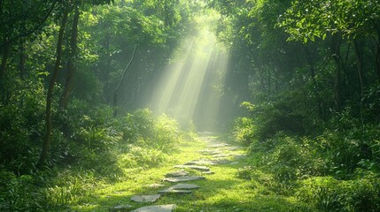 Obraz premium Sunbeams Illuminate A Stone Path Through Lush Green Forest