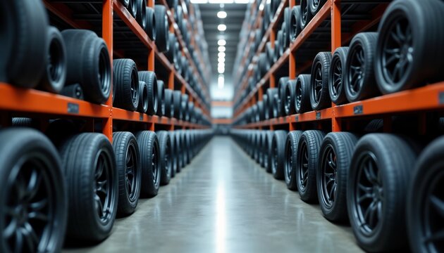 Warehouse interior displays rows of new tires on orange metal racks. Tires neatly arranged on shelves. Auto parts industry storage. Commercial photo shows big inventory of car tires. Variety of tire